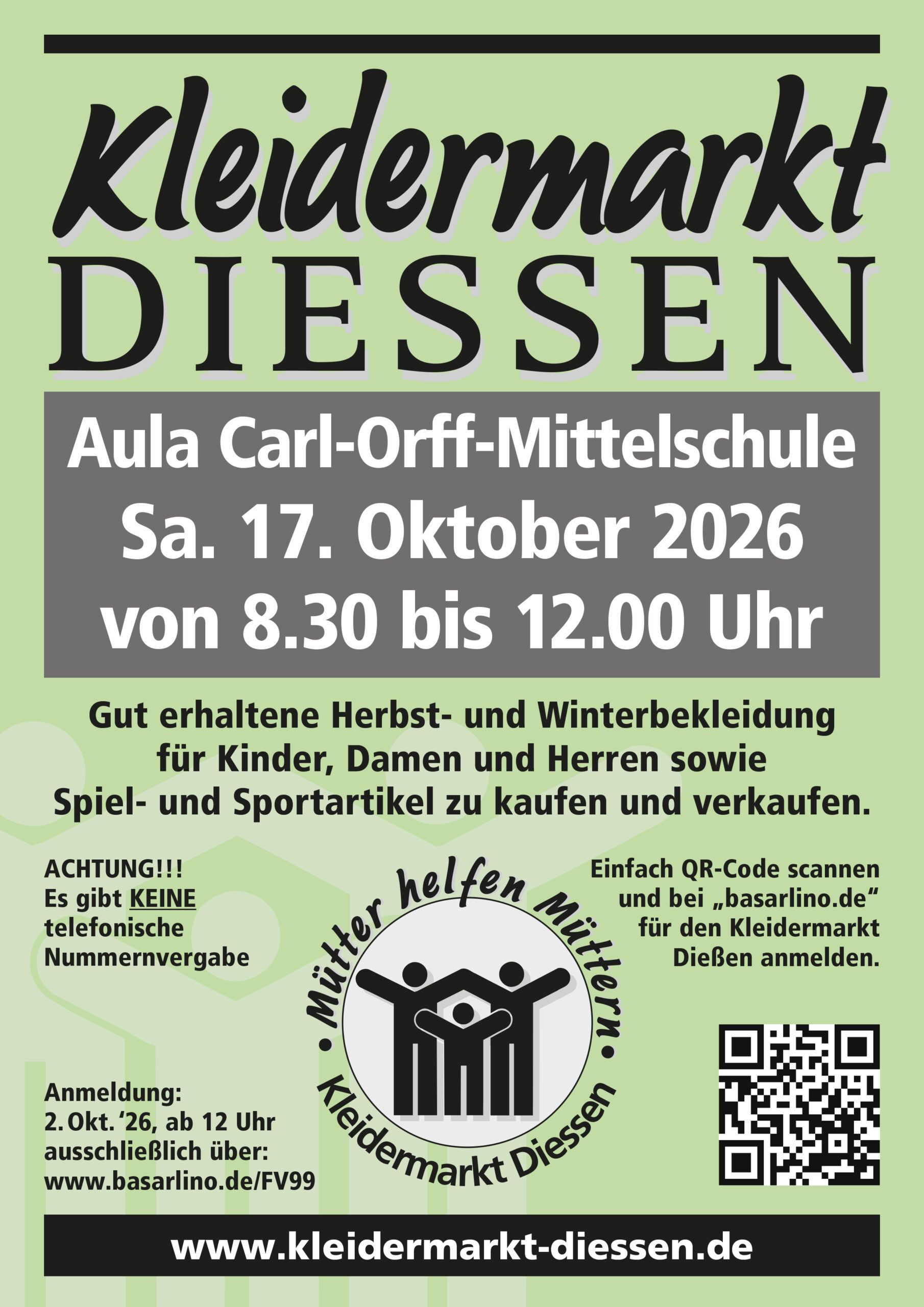 Plakat des Kleidermarkts Dießen mit Veranstaltungsort und Öffnungszeit